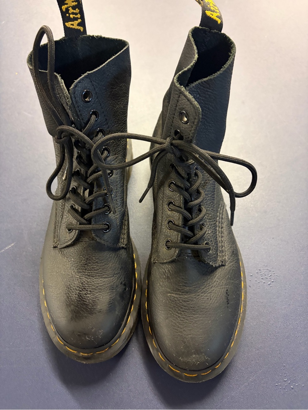 Dr. Martens Black Leather Lace-Up Boots with Yellow Stitching
